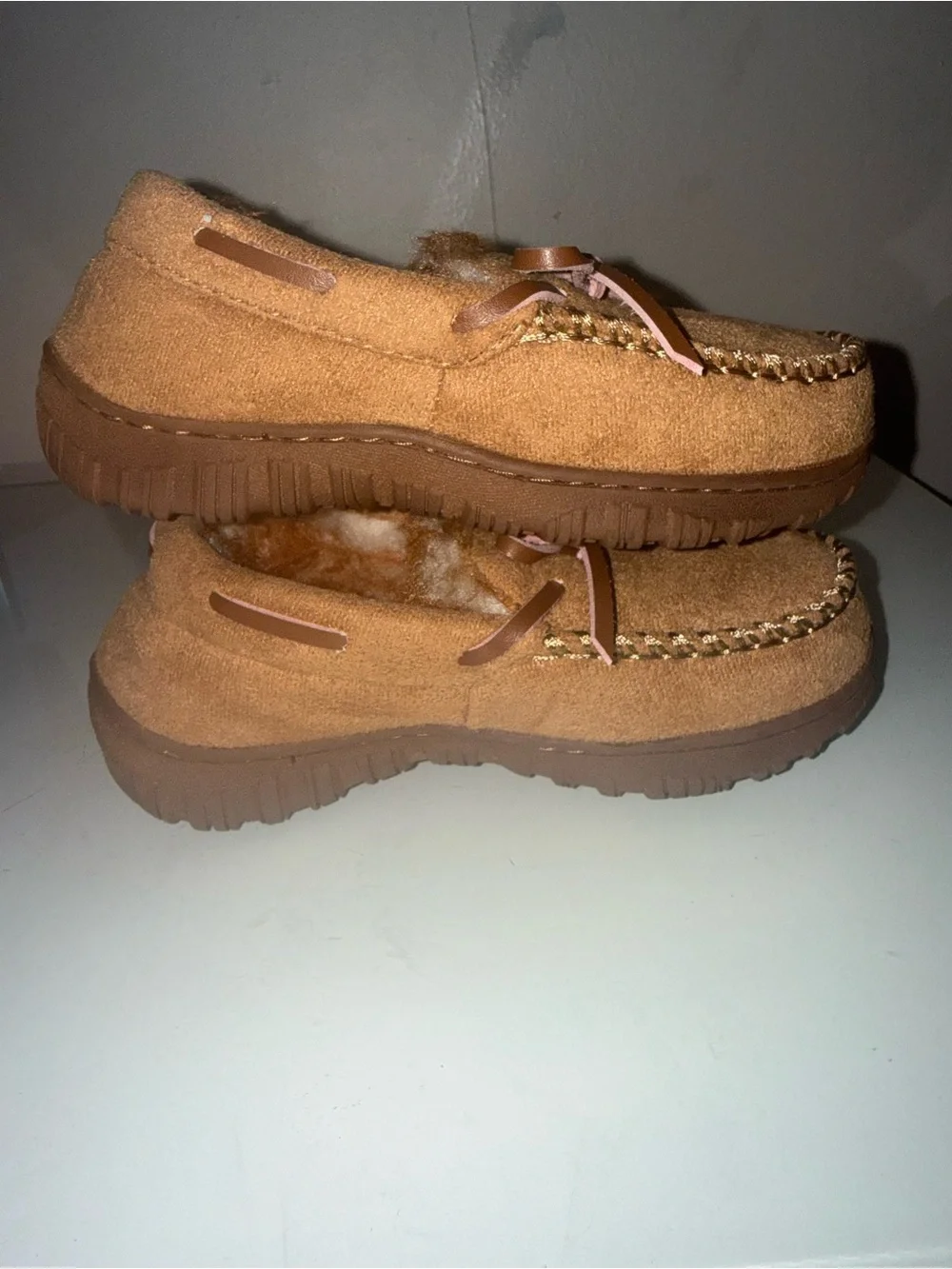 Kids Faux-Suede Moccasin Slippers in Chestnut Brown